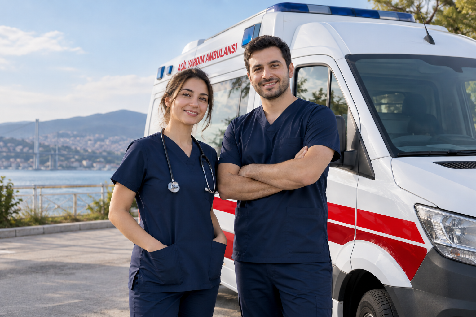 Ambulans yanında iki sağlık çalışanını gösteren temsili görsel