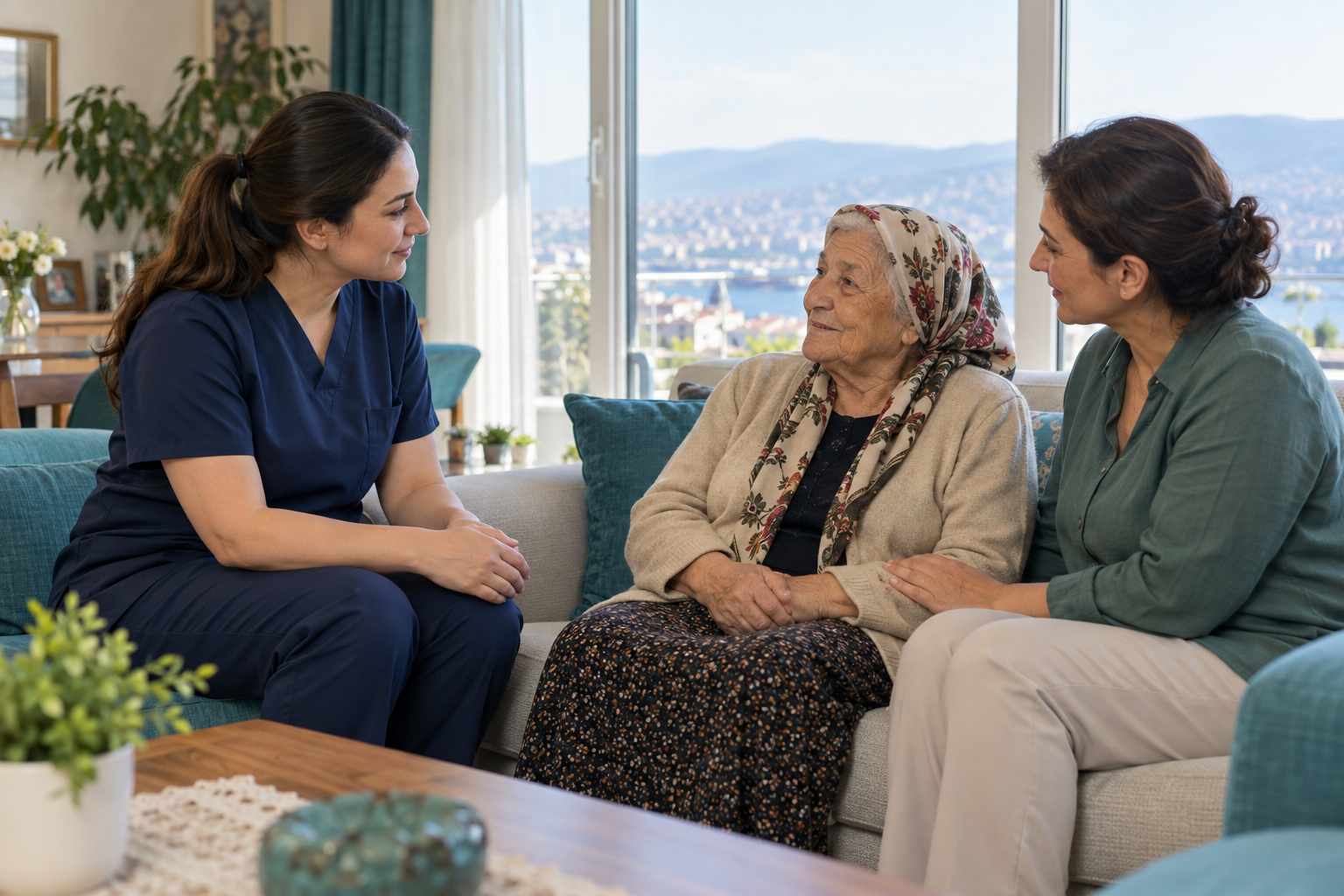 Ev ortamında yaşlı bir kadın ve yakınıyla görüşen sağlık çalışanının temsili görseli